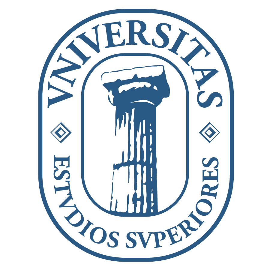 Blue university seal: central column monument inside an inner oval, surrounded by a circular Latin inscription.